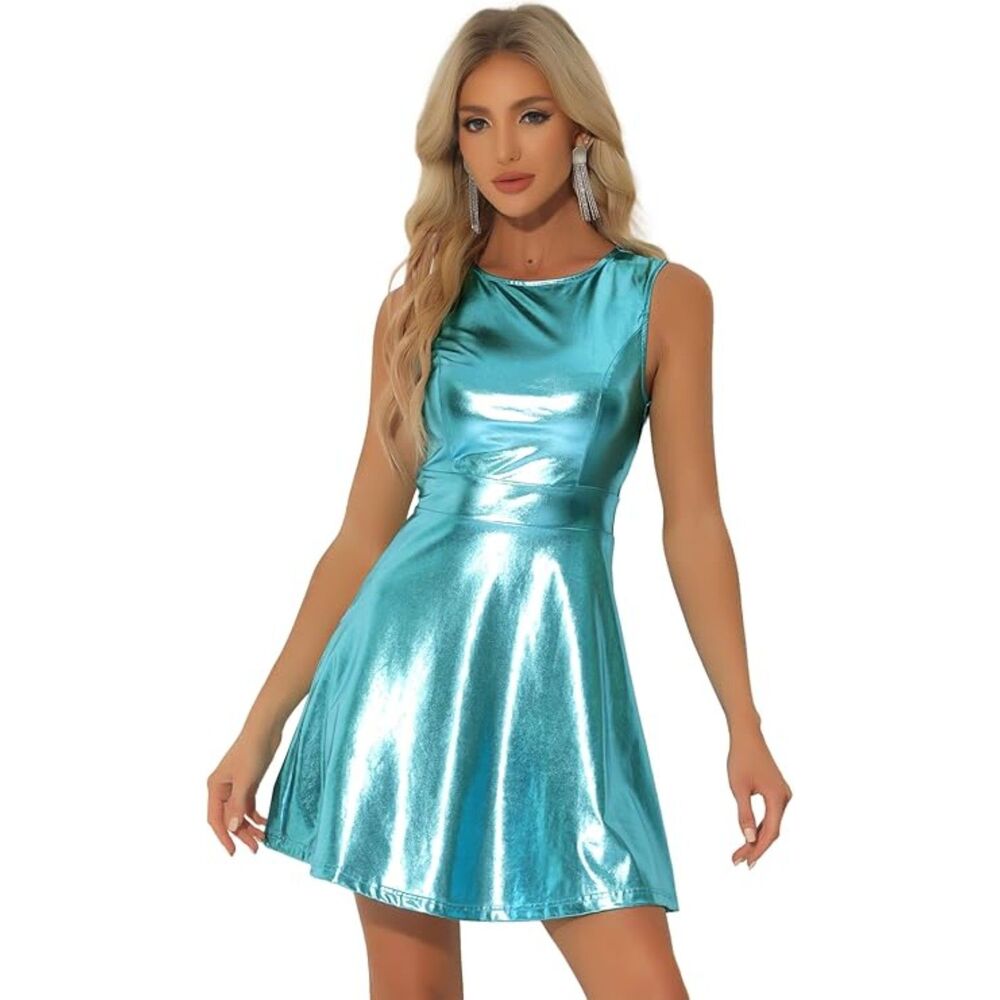 Metallic Sleeveless High Waist Fit And Flare Dress, Medium, 7I-189D003